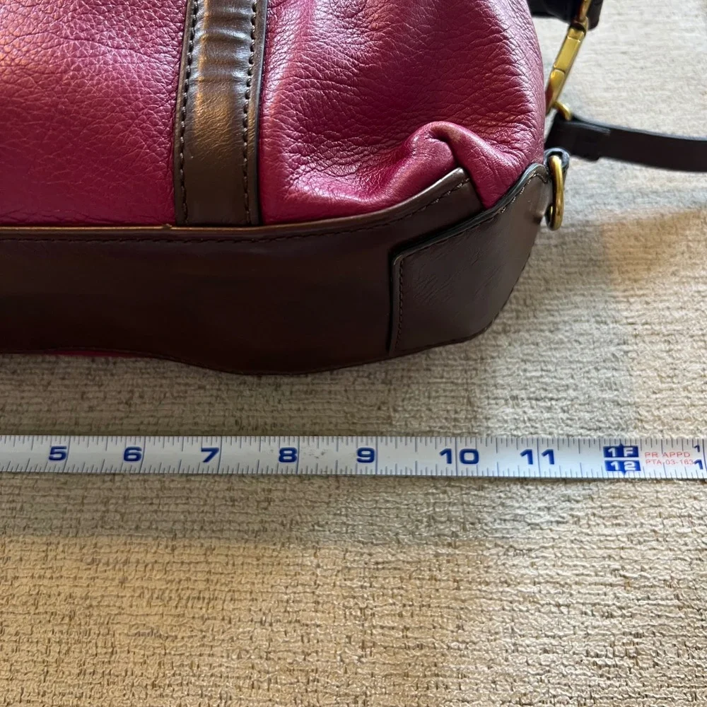 Fossil Magenta Pink Pebbled Leather Satchel Crossbody Bag Brown Trim Brass Purse